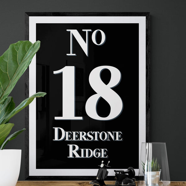 Personalised House Number Street Address Poster Print Vintage Style Black White - Ink North 