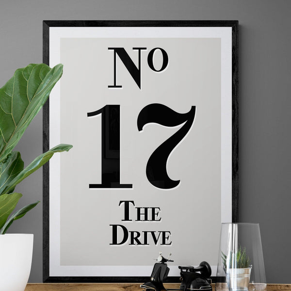 Personalised House Number Street Address Poster Print Vintage Style Grey - Ink North 