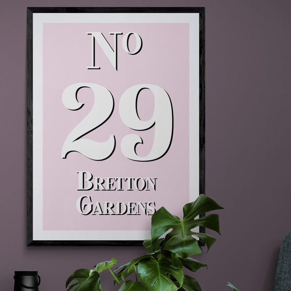 Personalised House Number Street Address Poster Print Vintage Style Pink - Ink North 