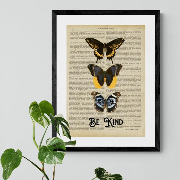 Be Kind Butterfly Book Page Typography Quote Poster Wall Art Print - Ink North 