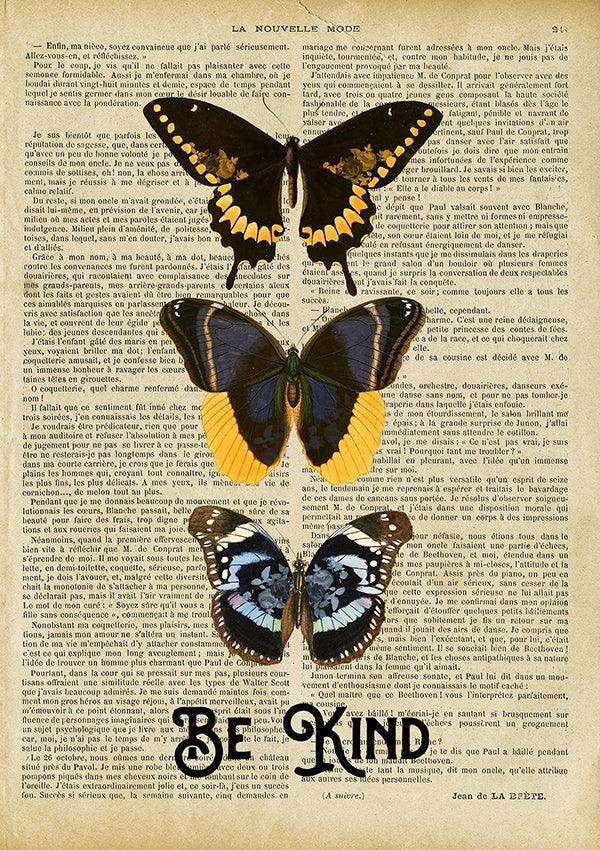 Be Kind Butterfly Book Page Typography Quote Poster Wall Art Print - Ink North 