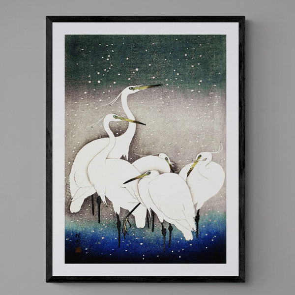 Egrets Japanese Crane Bird Illustration Wall Art Print Poster - Ink North 