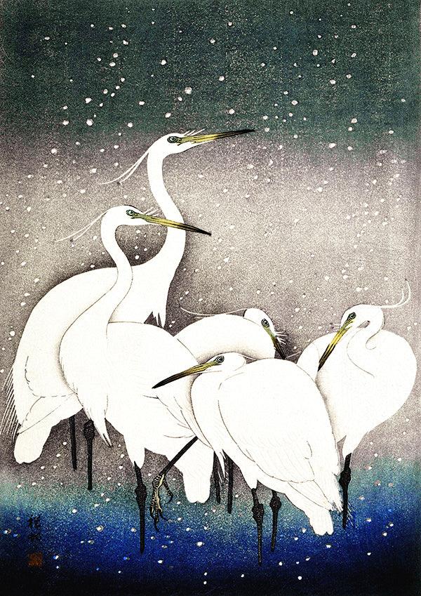 Egrets Japanese Crane Bird Illustration Wall Art Print Poster - Ink North 