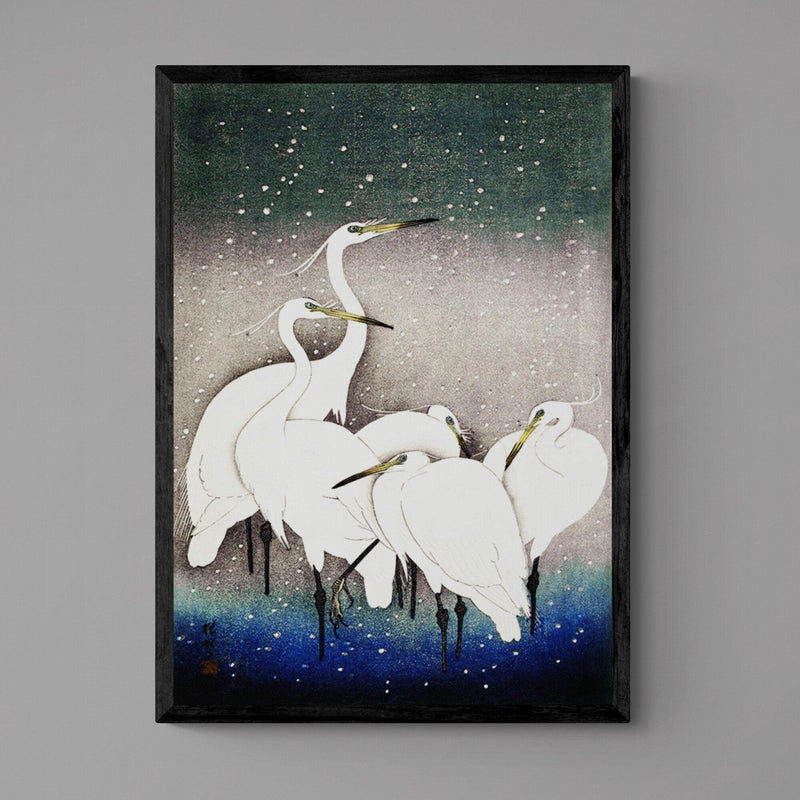 Egrets Japanese Crane Bird Illustration Wall Art Print Poster - Ink North 