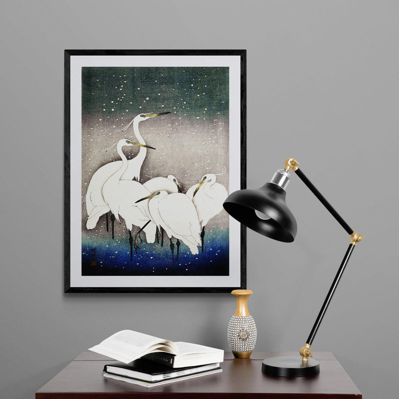 Egrets Japanese Crane Bird Illustration Wall Art Print Poster - Ink North 