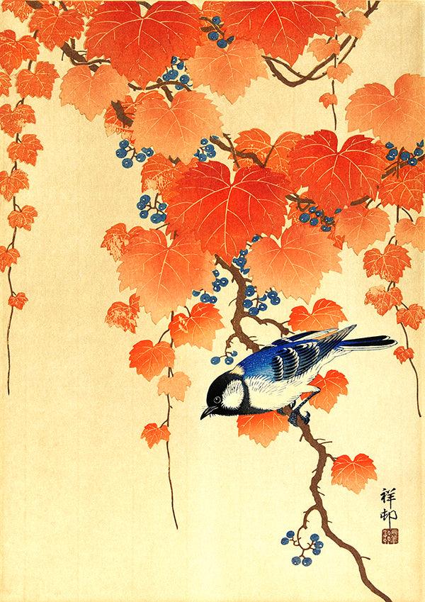 Great Tit Bird On Branch Antique Illustration Japanese Wall Art Print - Ink North 