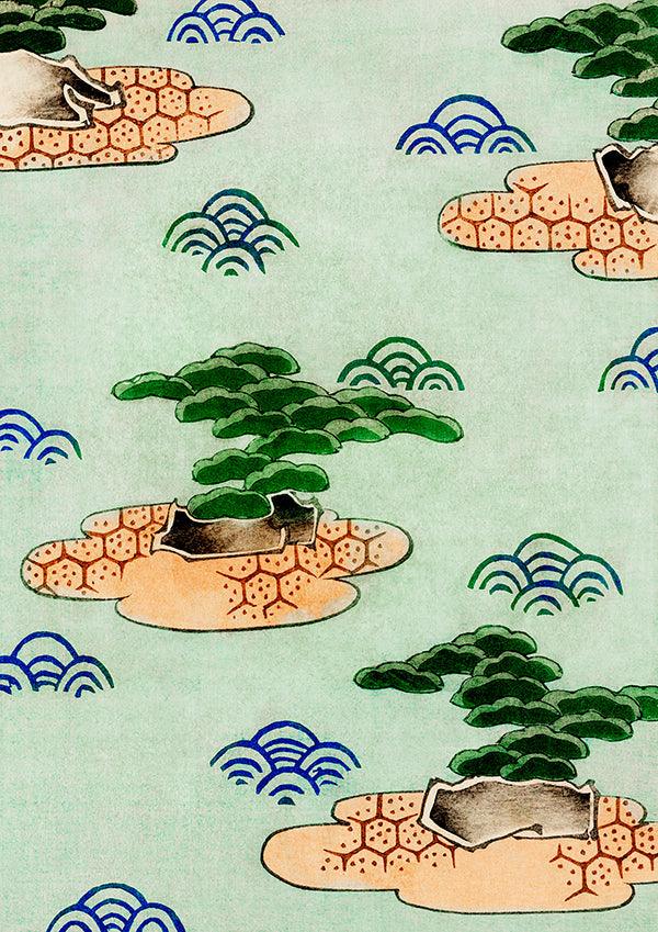 Japanese Bonsai Tree Floral Pattern Wall Art Print Poster - Ink North 