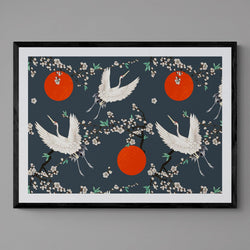 Japanese Crane Pattern Grey Animal Bird Illustration Poster Art Print - Ink North 