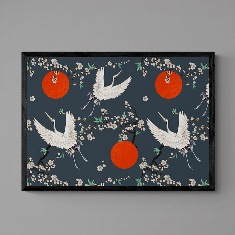 Japanese Crane Pattern Grey Animal Bird Illustration Poster Art Print - Ink North 