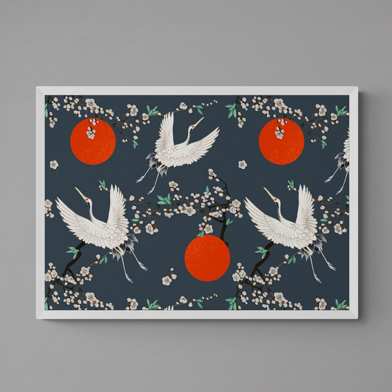 Japanese Crane Pattern Grey Animal Bird Illustration Poster Art Print - Ink North 