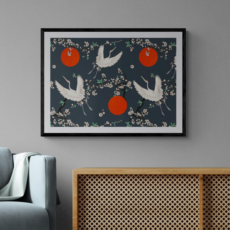 Japanese Crane Pattern Grey Animal Bird Illustration Poster Art Print - Ink North 