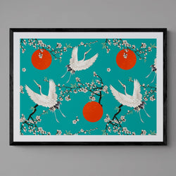 Japanese Crane Pattern Teal Animal Bird Illustration Poster Art Print - Ink North 