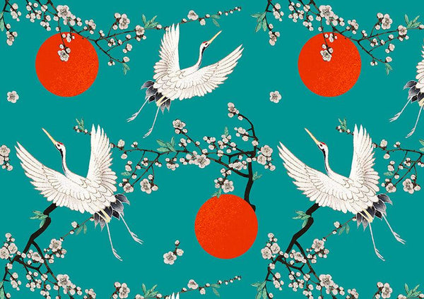 Japanese Crane Pattern Teal Animal Bird Illustration Poster Art Print - Ink North 