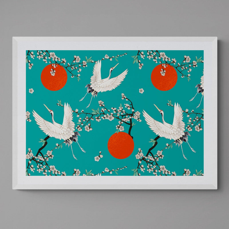 Japanese Crane Pattern Teal Animal Bird Illustration Poster Art Print - Ink North 