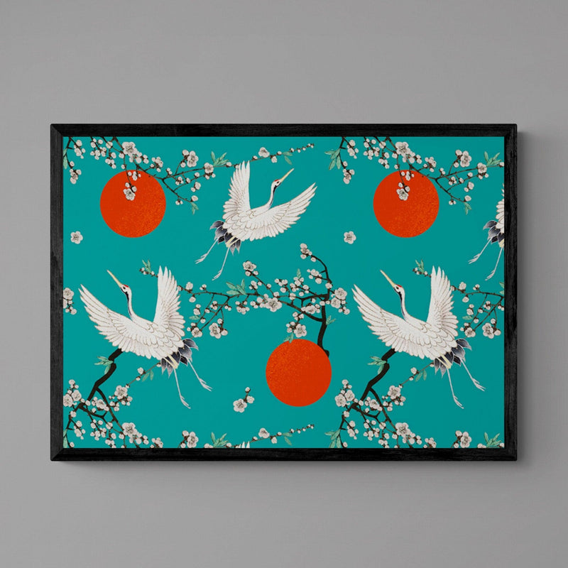 Japanese Crane Pattern Teal Animal Bird Illustration Poster Art Print - Ink North 