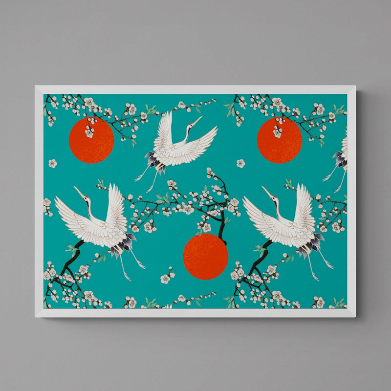 Japanese Crane Pattern Teal Animal Bird Illustration Poster Art Print - Ink North 