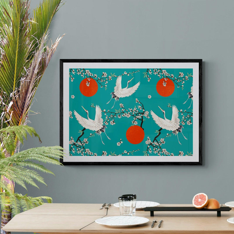 Japanese Crane Pattern Teal Animal Bird Illustration Poster Art Print - Ink North 