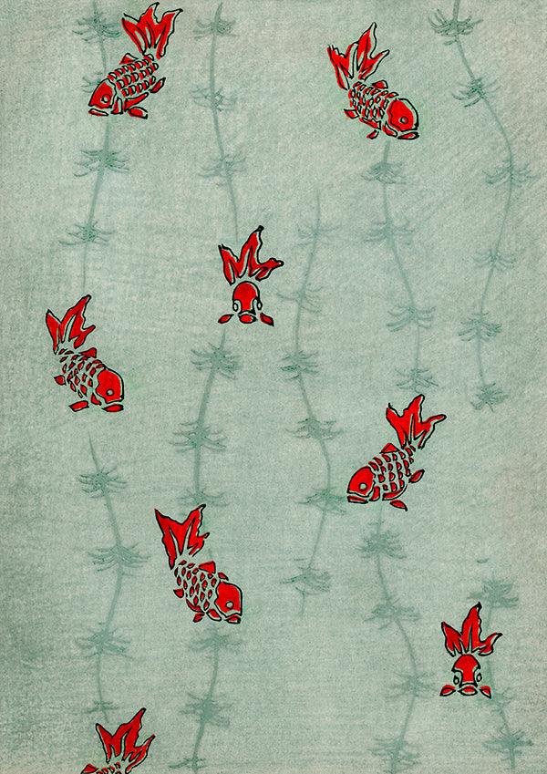 Japanese Goldfish Pattern Bathroom Wall Art Print Poster - Ink North 