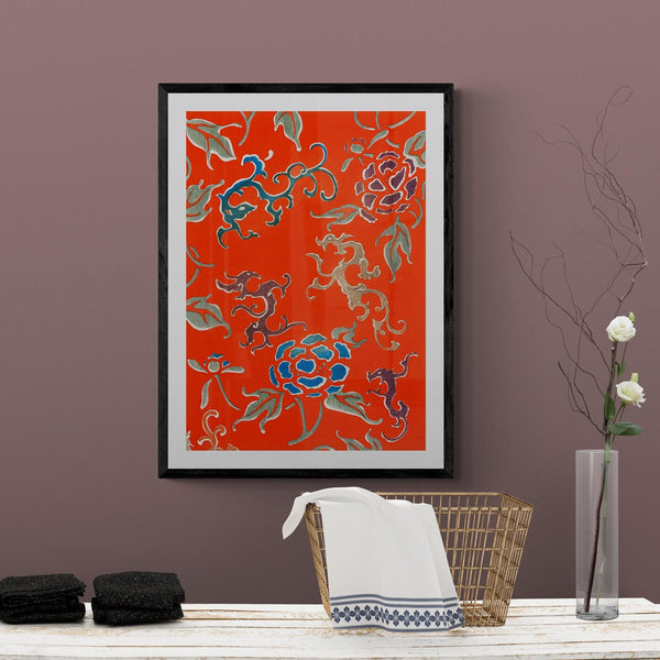 Japanese Red Floral Pattern Wall Art Print Poster - Ink North 