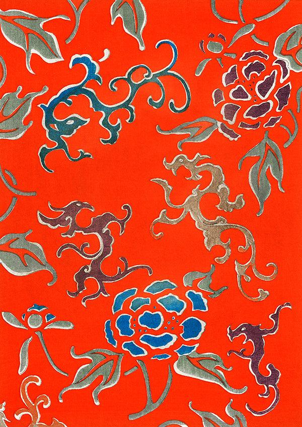 Japanese Red Floral Pattern Wall Art Print Poster - Ink North 