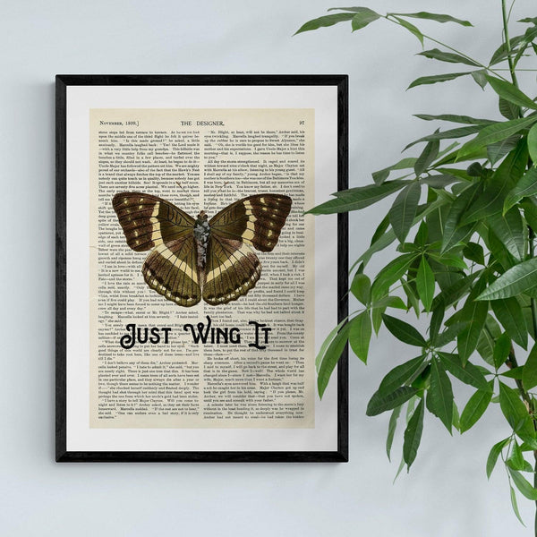 Just Wing It Butterfly Book Page Motivational Typography Quote Poster Wall Art Print - Ink North 