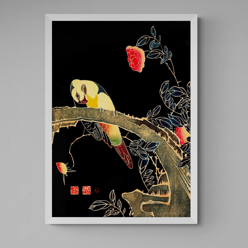 Parrot on Rose Branch Antique Illustration Japanese Wall Art Print - Ink North 