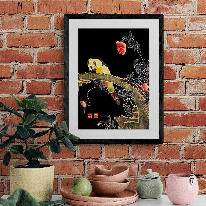 Parrot on Rose Branch Antique Illustration Japanese Wall Art Print - Ink North 