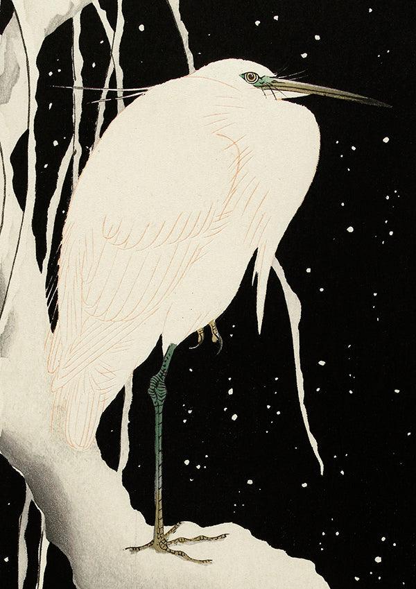 Snow Heron Bird Antique Illustration Japanese Wall Art Print - Ink North 