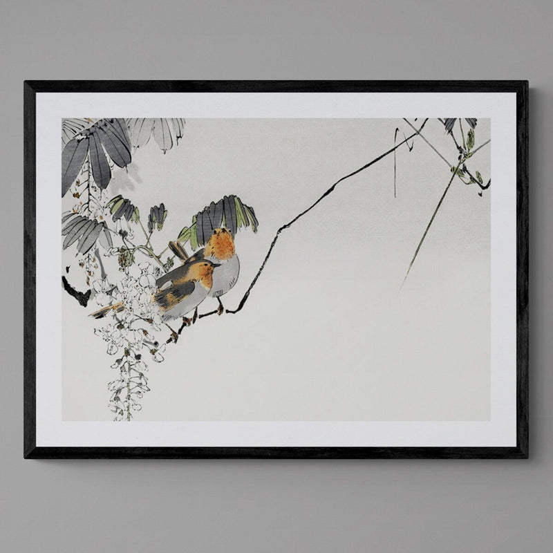 Two Sparrow Birds On Branch Antique Illustration Japanese Wall Art Print - Ink North 