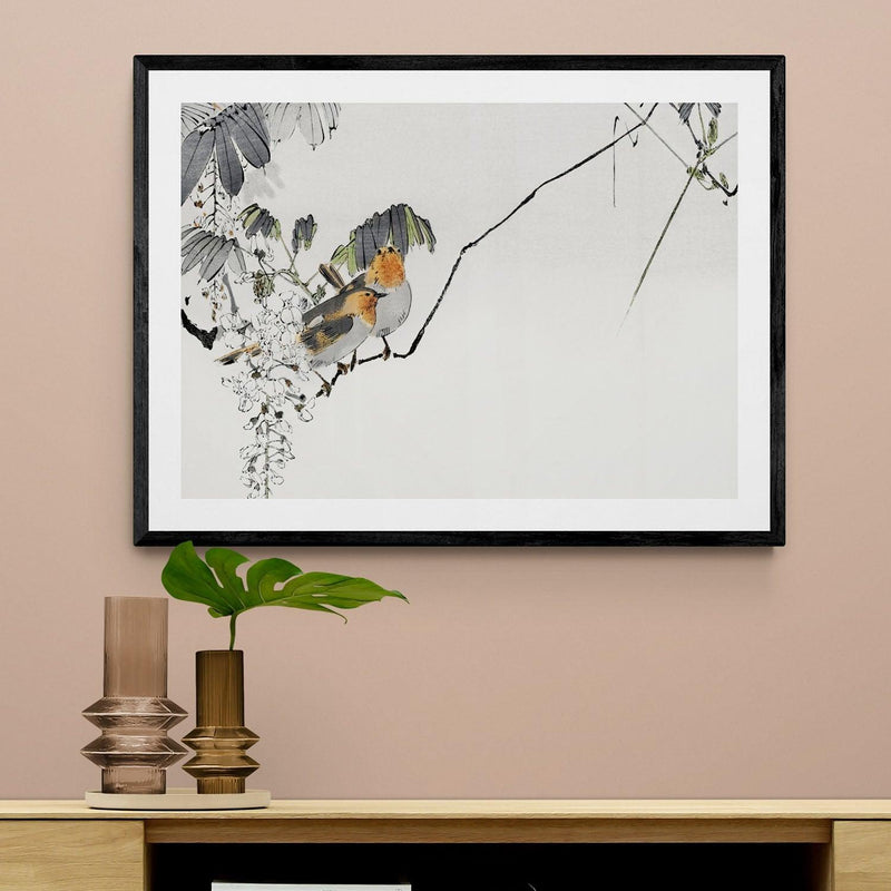 Two Sparrow Birds On Branch Antique Illustration Japanese Wall Art Print - Ink North 