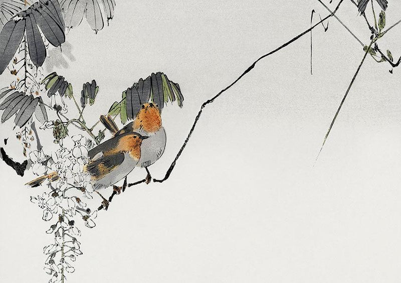 Two Sparrow Birds On Branch Antique Illustration Japanese Wall Art Print - Ink North 