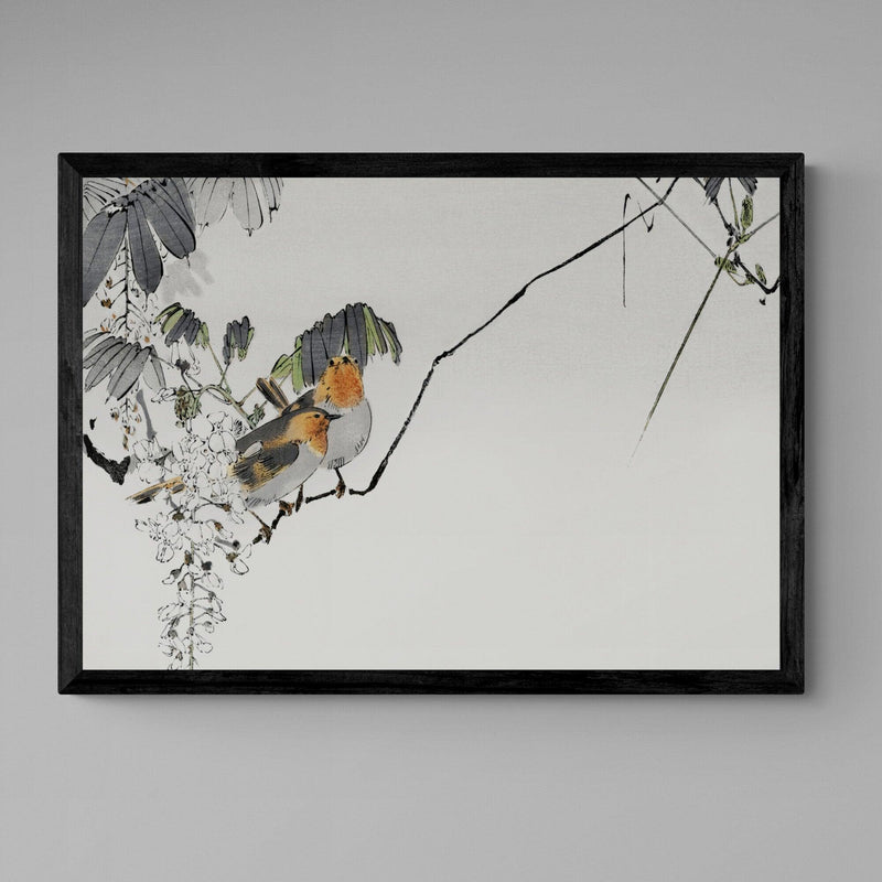 Two Sparrow Birds On Branch Antique Illustration Japanese Wall Art Print - Ink North 