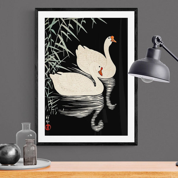 White Geese Black and White Antique Illustration Japanese Wall Art Print - Ink North 