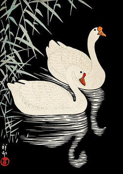 White Geese Black and White Antique Illustration Japanese Wall Art Print - Ink North 