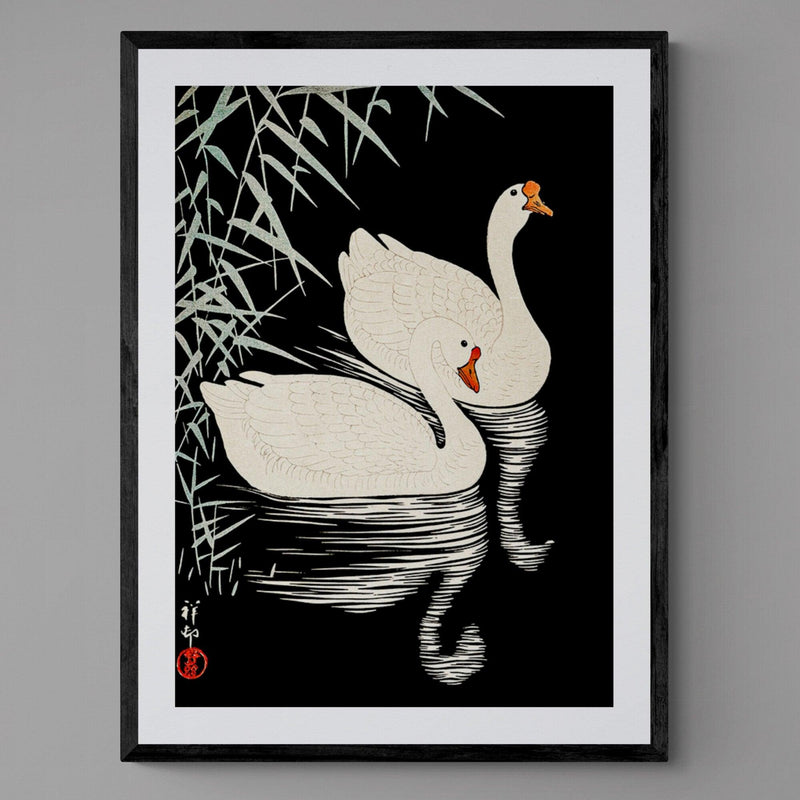 White Geese Black and White Antique Illustration Japanese Wall Art Print - Ink North 