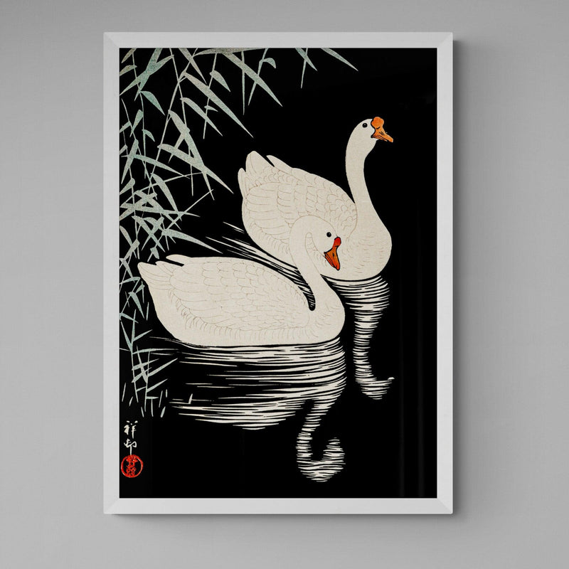 White Geese Black and White Antique Illustration Japanese Wall Art Print - Ink North 