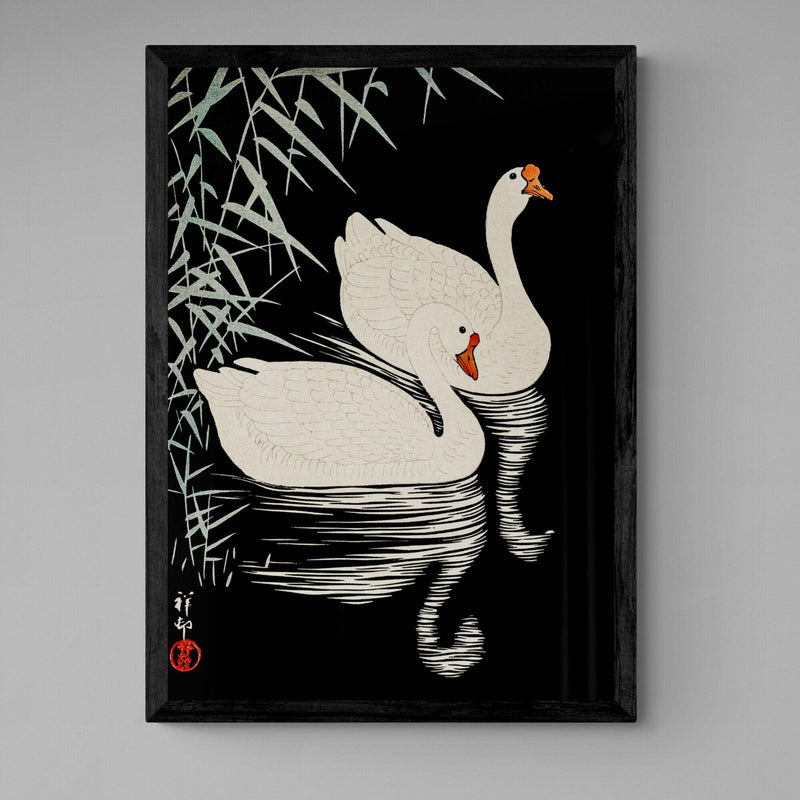 White Geese Black and White Antique Illustration Japanese Wall Art Print - Ink North 