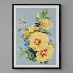 Yellow Flowers on Blue Illustration Colourful Floral Art Poster Print - Ink North 