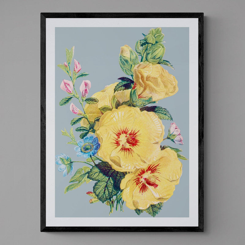 Yellow Flowers on Blue Illustration Colourful Floral Art Poster Print - Ink North 