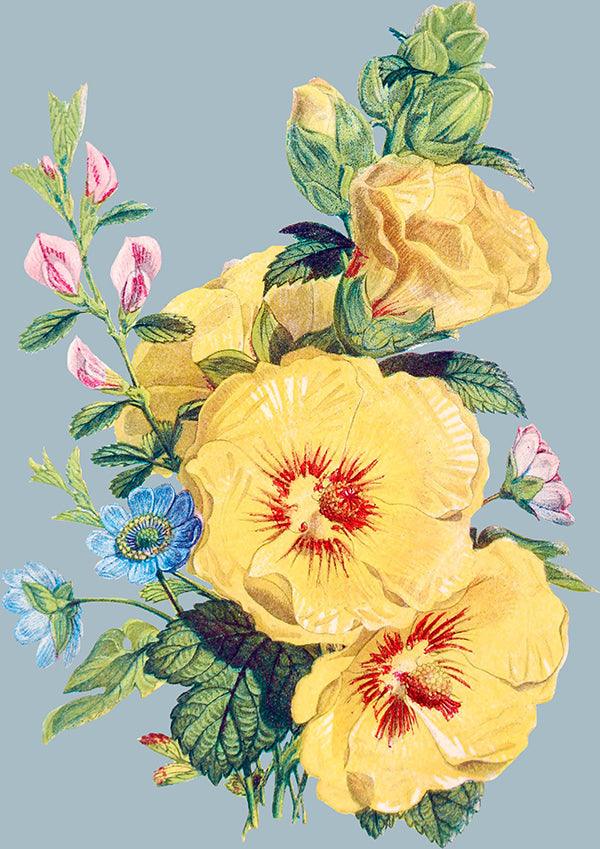 Yellow Flowers on Blue Illustration Colourful Floral Art Poster Print - Ink North 