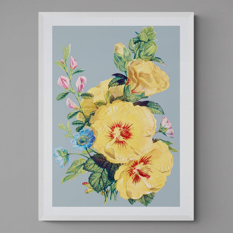 Yellow Flowers on Blue Illustration Colourful Floral Art Poster Print - Ink North 