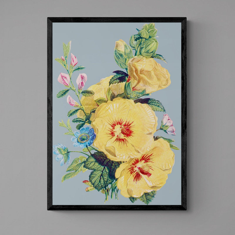 Yellow Flowers on Blue Illustration Colourful Floral Art Poster Print - Ink North 