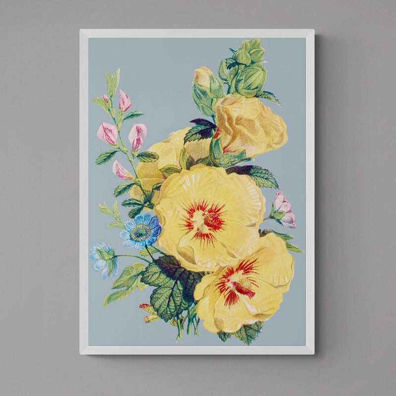 Yellow Flowers on Blue Illustration Colourful Floral Art Poster Print - Ink North 