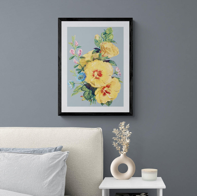 Yellow Flowers on Blue Illustration Colourful Floral Art Poster Print - Ink North 