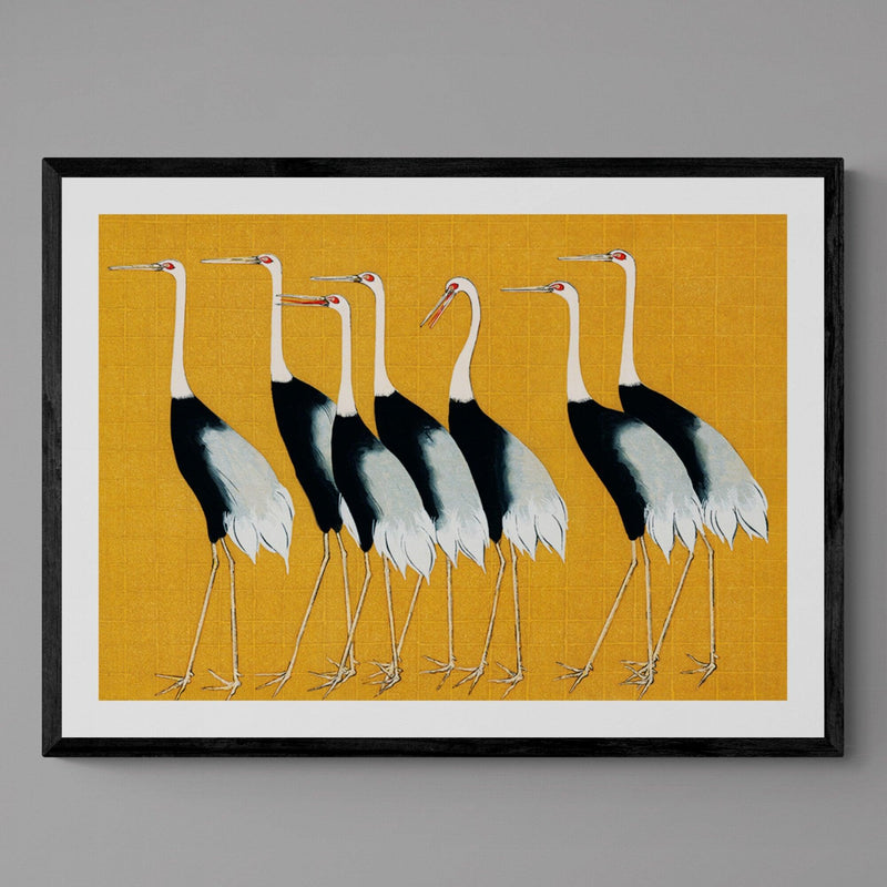 Yellow Japanese Crane Illustration Wall Art Print Poster - Ink North 