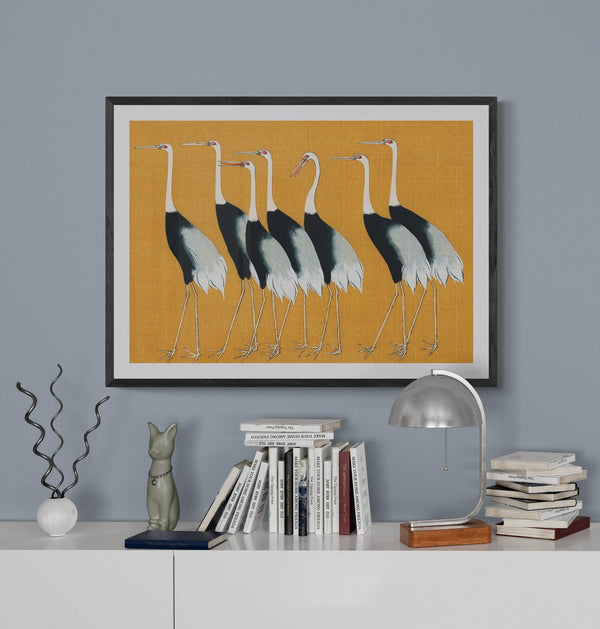 Yellow Japanese Crane Illustration Wall Art Print Poster - Ink North 