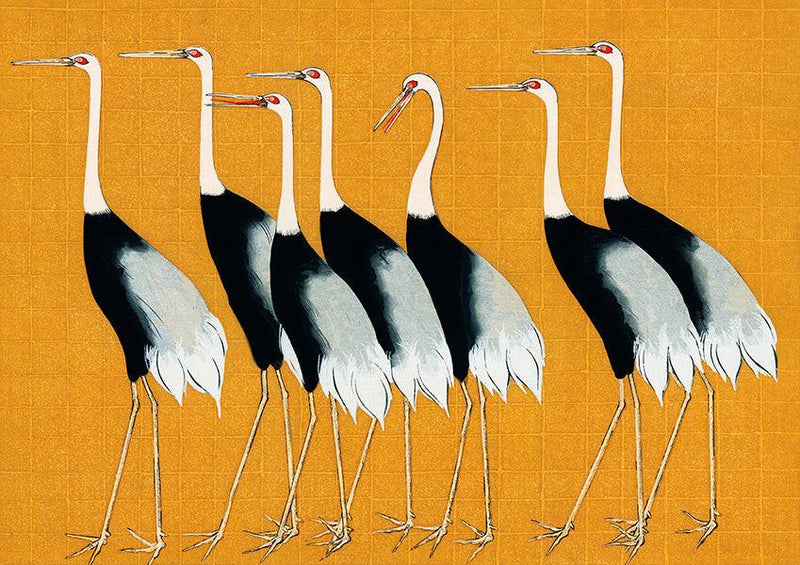 Yellow Japanese Crane Illustration Wall Art Print Poster - Ink North 