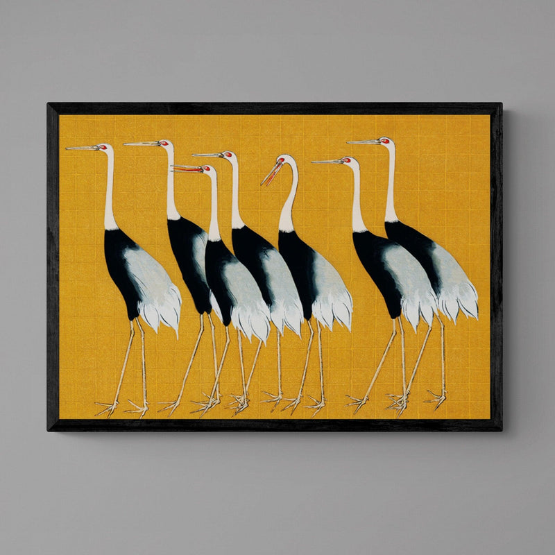 Yellow Japanese Crane Illustration Wall Art Print Poster - Ink North 